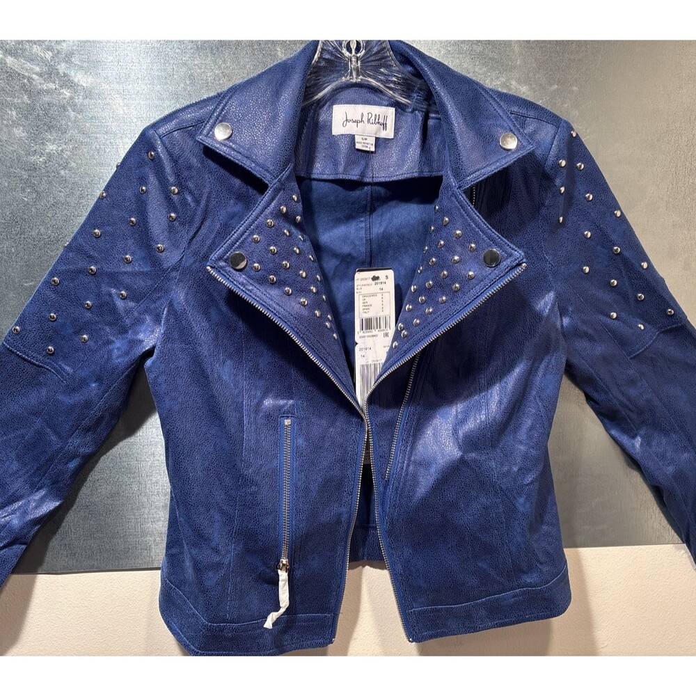 Motorcycle Jacket Faux Suede Studded Foiled Joseph Ribkoff Blue Fitted Baller S